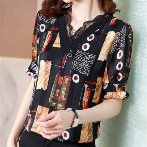 Black Elegant Femme Shirts V-Neck Summer Blouses Short Sleeve Women Print Chiffon Stylish Lace Splice Tops Blusesr MM0801