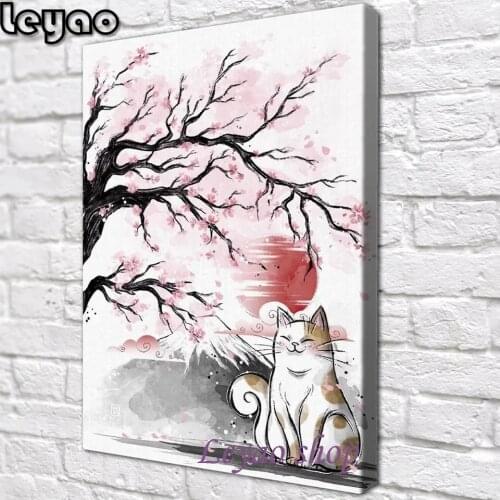 Sakura Flowers And Cute Cat Diamond Embroidery sales 5D DIY Diamond Painting Landscape Diamond mosaic Cross Stitch Gifts