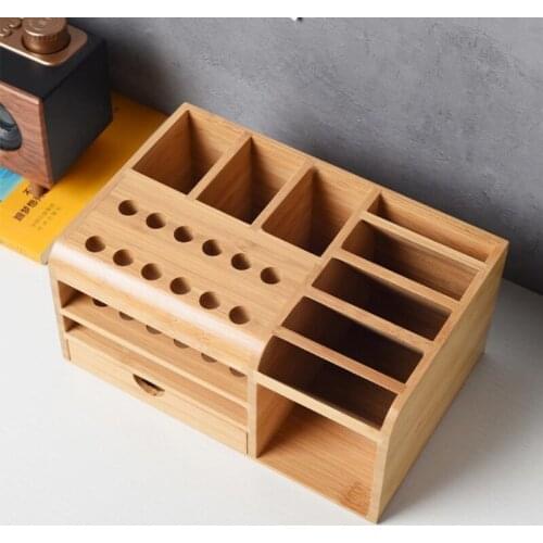 Tool Holder Wooden for Tweezers Screwdrivers Knives Rulers Compartment Storage Shelf Smartphone Remote Control