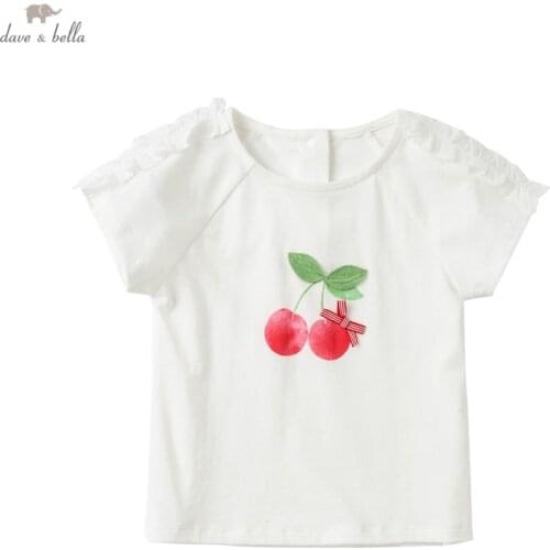 DBM17790 dave bella summer baby girls cute bow cartoon ruched T-shirt children tops girl kids fashion tees