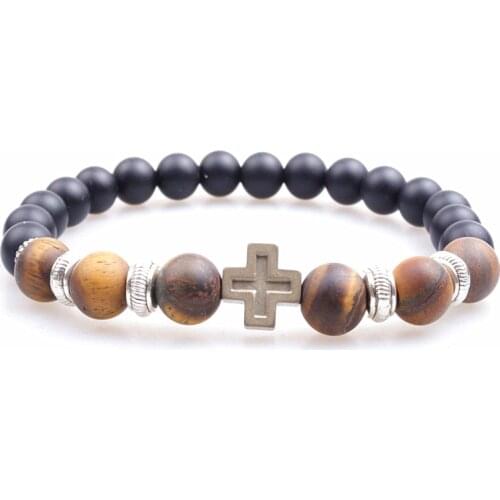 Hematite Cross Bead & 8mmTiger stone bead bracelet For Men Jewelry Dropshipping