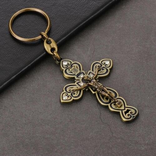 Catholic Religious Crucifix Cross Keychain for Women Men Car Key Chains INRI Christian Bronze Color Keyrings Jewelry Accessories