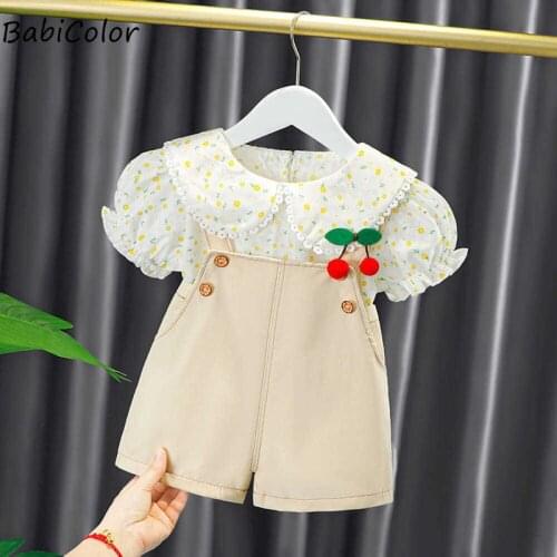 Baby Girls Summer Clothes Set Short Sleeve Suit Doll Collar Puff Sleeve Printed Top + Strap Shorts Two-piece Set