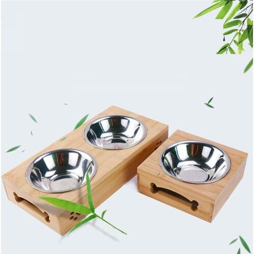 Cat Feeder Bamboo Frame Rack Pet Single Double Bowl Dog Drinking Water Feeding Food Dishes Stainless Steel Puppy Eating Bowls