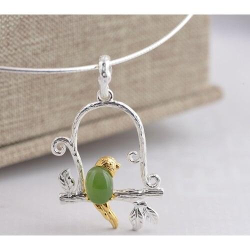 Real Silver 925 pure silver inlaid jade pendants wholesale Female fabulous beeswax The bird sautoir delicate new gift