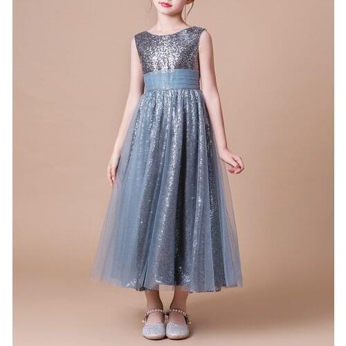 2020 new girls silver sequin dress flower girl high-end wedding dress elegant girl lace banquet dress