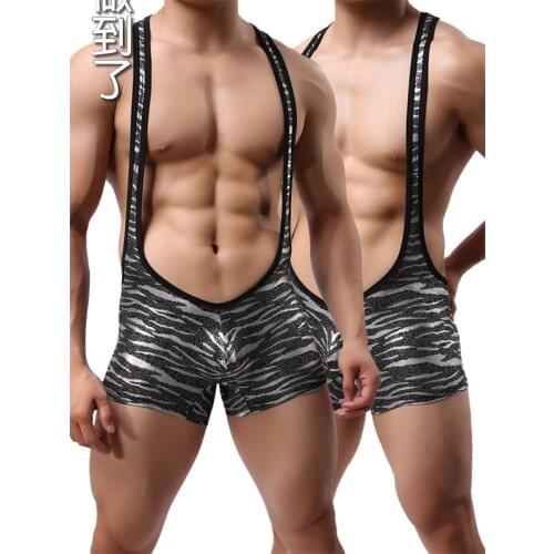New Arrival Bodysuits Sexy Leotard Fashion Leopard Nylon Underwear Mens Suspender Jockstrap Solid Wrestling Singlet Catsuit
