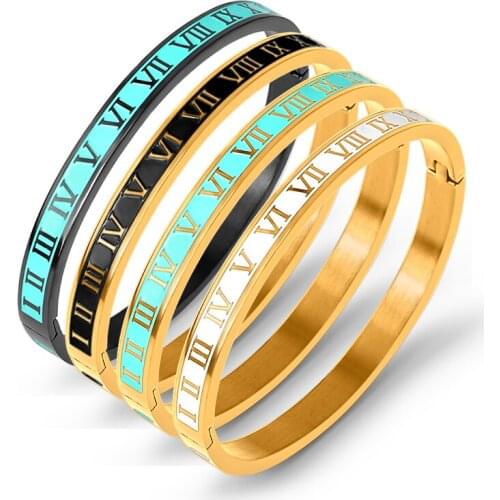 Luxury Vintage Roman Letter Bangles & Bracelets For Women Men Black Gold Color Charm Cuff Bangles Stainless Steel Jewelry