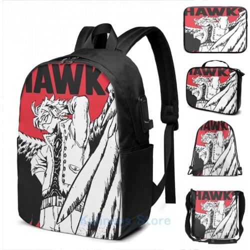 Funny Graphic print Wing Hero Hawks USB Charge Backpack men School bags Women bag Travel laptop bag