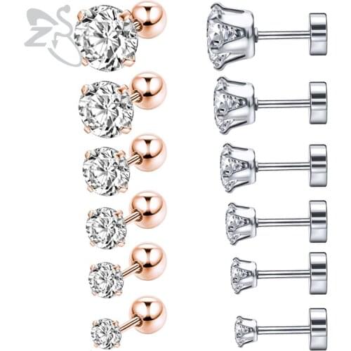 ZS 12PCS 3-8mm CZ Element Stud Earrings for Women Classic Rose Gold Sivler Color Stud Earrings Crystal Zircon Studs Earring