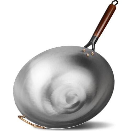 32cm Traditional Uncoated Iron Pan, Wrought Iron Wok, Non-stick Pan With Beech Wood Handle, Fast Heat Conduction, For Gas Stove