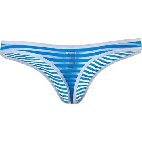 Mens Sexy Stripe Transparent Thong Low Rise See Through Stretch Underwear Penis Pouch Sissy Panties Bikini G Strings