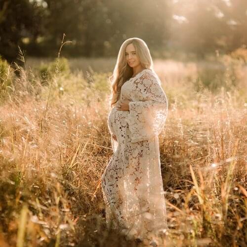 Vintage Boho Costume Stretchy Cotton Embroidery Maternity Gown Photo Shoot Pregnant Dress for Photography Prop Baby Shower Robe