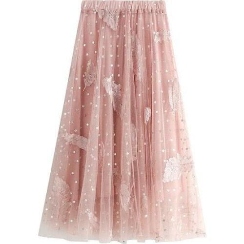 Feather Embroidered Mesh Skirt Women Autumn Winter Sweet Fairy Long Skirts Womens High Waist Tutu Skirts Femme