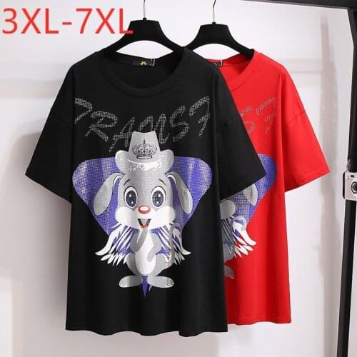 New 2021 Ladies Summer Plus Size Tops For Women Large Loose Short Sleeve Cotton Red Print Cartoon T-shirt 3XL 4XL 5XL 6XL 7XL