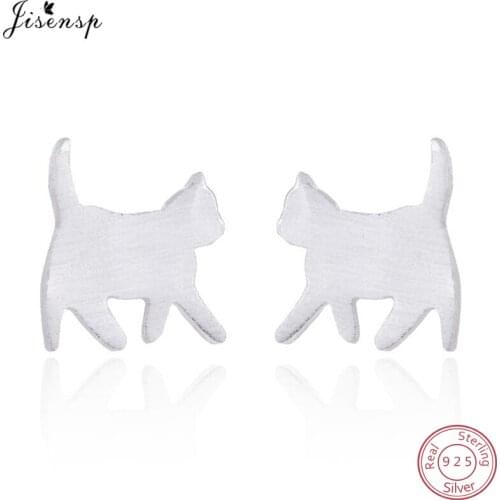 Jisensp Cute Cat Earrings Small Girl Children Jewelry 100% 925 Silver Animal Stud Earring Cool Fine Jewelry Gifts Oorbellen