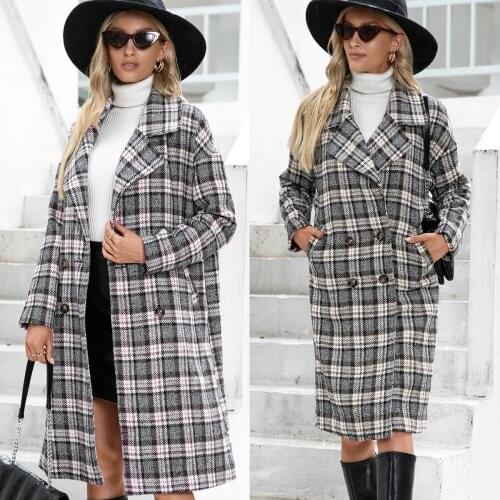 Women Vintage Plaid Checked Coat 2021 Winter Turn Down Collar Long Sleeve Wool Windbreaker Casual Oversize OL Chic Coat Outwear