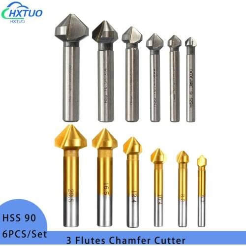 6Pcs 3 Flute 90 Degree HSS Chamfering Cutter End Mill Tool Round Shank Countersink Deburring Drill Bit Set 6.3-20.5mm