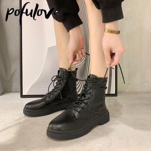 Pofulove PU Leather Boots Fashion Black Platform Winter Warm Lace Up Ankle Short Booties for Female Shoes Motorcycle Thick Heel