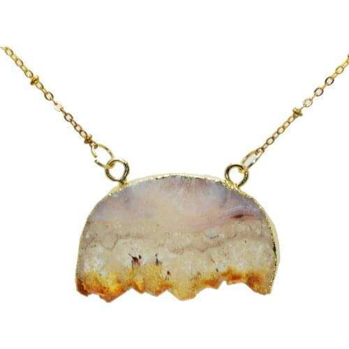 Semicircle druzy stone pendant necklace girl raw cluster natural yellow crystal quartz geode druzy connector necklace for women