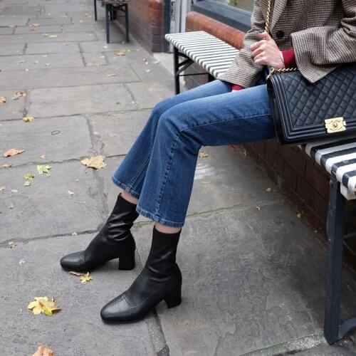 Black Round Head Boots Womens Thick Heel Fashion Short Boots Autumn and Winter 2020 Leather High Heels Size 33-42