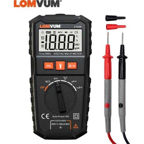 LOMVUM AUTO Range Digital Multimeter AC/DC Voltage Current Meter Backlight LCD Display LED Flashlight Black with Probes Wire Pen