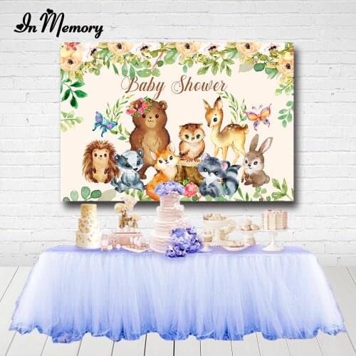InMemory Flowers Cartoon Animals Woodland Party Backdrops Baby Shower Newborn 1st Birthday Photography Backgrounds Customized