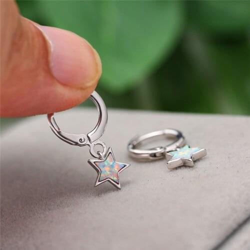 Cute Female White Opal Stone Earrings Silver Color Small Hoop Earrings For Women Minimalist Bridal Star Wedding Earrings