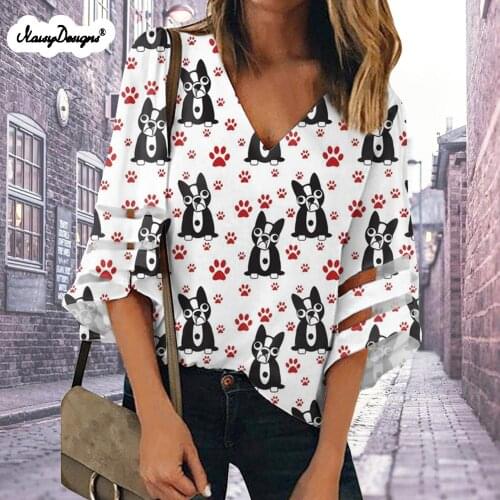 Noisydesigns Plus Size Women Blouse Tunic Bulldogs Dogs Footprint Print Office Ladies Tops Casual Slim Chiffon Female XXL