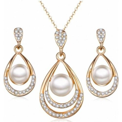 2019 New Hot Fashion Bride Wedding Party Simulated-pearl Crystal Water Drop Chokers Necklace/Drop Earrings For Women Jewelry Set