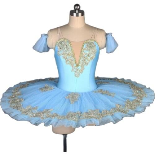 New pale blue pre-professional ballet tutu with gold applique trim Women & girl stage performance dance costumes ballet Tutu