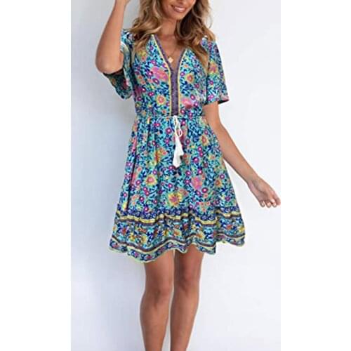 40# Flora Printed Dresses Women Belt Pleated New Summer Sundress V-neck Short Sleeve Plus Size Vintage Dress Vestido De Mujer