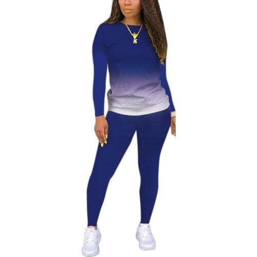 Plus Size Two Piece Gradient Running Sets Women Tracksuits Long Sleeve Pullover Tops Leggings Autumn Female Workout Sets S-3XL