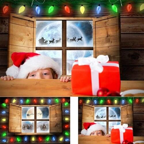 Christmas Window Backdrop Winter Xmas Santa Sleigh Rustic Wood Party Background Colorful Forest Snow Family Banner Decoration