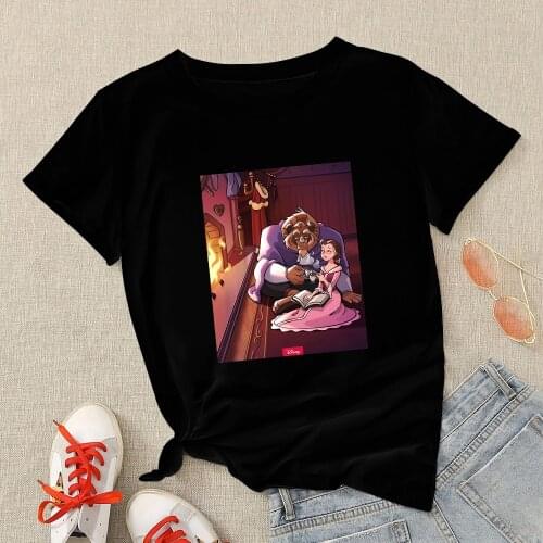 Disney Womens T Shirt Creative Oversize Red Tee Shirt Beautiful Beauty And The Beast Printed Casual Streetwear Tshirt Trendy