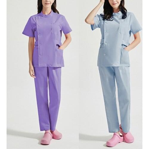 S-2XL 8Colors Button Asymmetry Tops Elastic Waist Long Pants Nurse Uniform Set Unisex Surgical Medical SPA Working Clothes