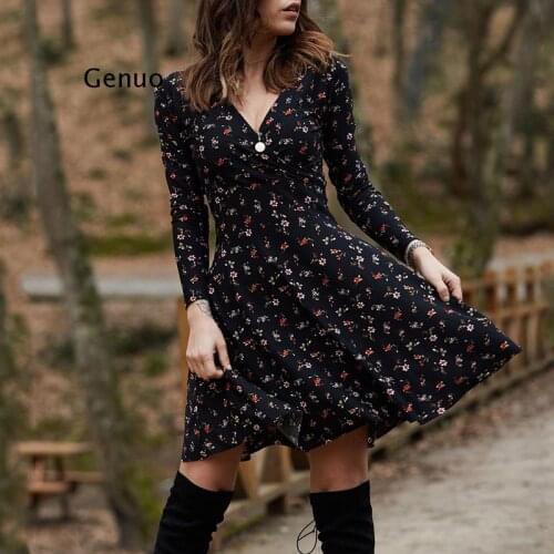 Vintage Elegant Floral Print Mini Dress Women 2021 Spring Fashion Long Sleeve Loose A-Line Dresses Female V-Neck Casual Vestidos