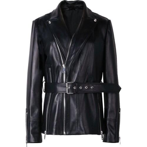 YOLOAgain Women Zippers Genuine Leather Jacket Elegant Slim Black Jacket