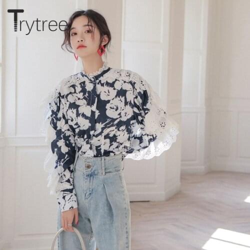 Trytree 2020 Spring Autumn Blouse Women Casual Stand Collar Lace Single Breasted Print Batwing Sleeve Fashion Loose Blouse Top