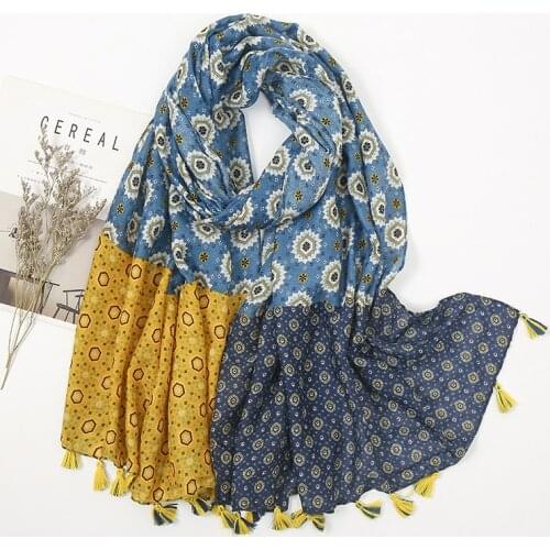 Women Autumn Navy Blue Abstract Floral Cotton Shawl Scarf High Quality Print Wrap Pashmina Snood Bufandas Muslim Hijab 180*95cm