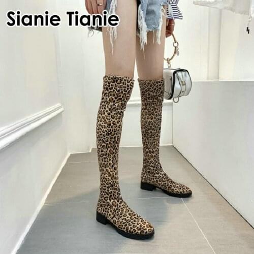 Sianie Tianie 2020 winter autumn leopard warm plush over the knee high long boots stretch fabric sock overknee boots for women