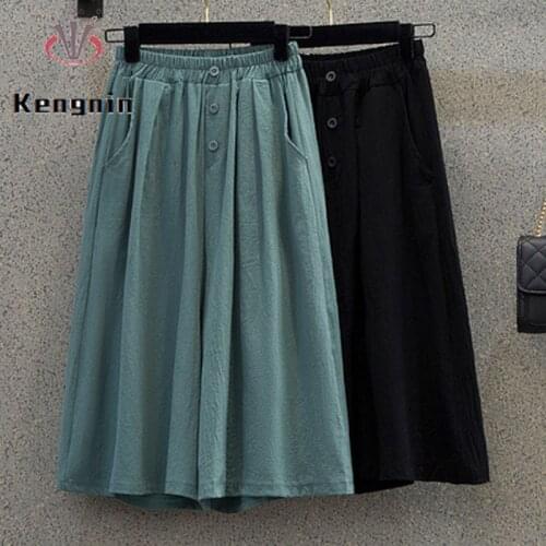 2021 Summer New Oversized Women Trousers Loose Calf-Length Elastic Waist Female Capris Casual Ladies Wide Leg Pants KE1332