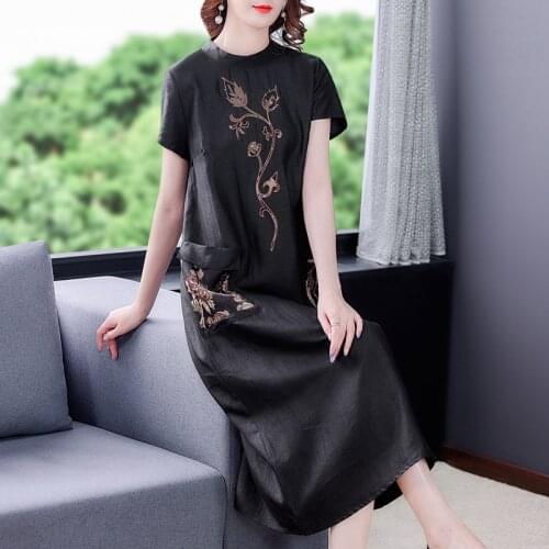 2021 Women Loose Embroidery Silk Vintage Midi Dress Summer Casual Floral 5XL Plus Size Solid Dress Elegant Bodycon Party Vestido