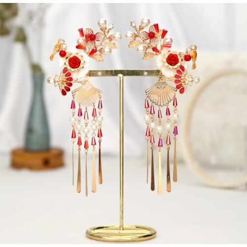 2 pcs Chinese tiara Red Flower Pearl Hand fan Tassel Hair Barrettes for Bridal Headpiece Wedding Hair Accessories Jewelry
