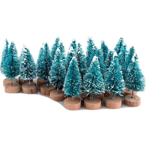 24Pcs Mini Blue Pine Trees Set Sisal Snow Frost Trees With Wood Base Bottle Brush Trees Plastic Winter Snow Ornaments Tabletop