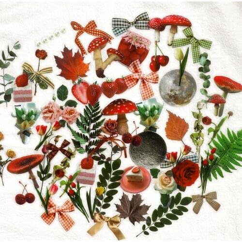 30pcs PET Vintage Adhesive Decoration Sticker Set Flower Plant Mushroom Stickers Diy Label For Scrapbooking Album Planner Diary