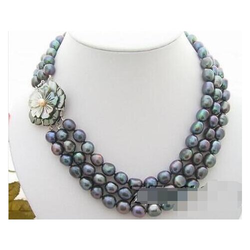 3Strds 9-10mm Black Baroque Pearl Necklace-Cameo Flower Clasp