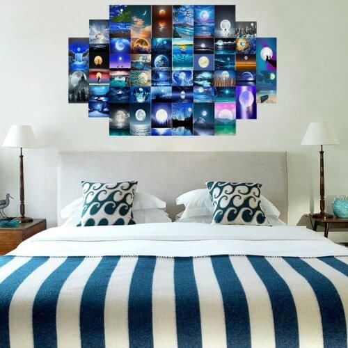 50Pcs Blue Starry Ocean Landscape Pictures Wall Collage Forest Full Moon Fawn Photo Room Decoration Art Postcard Wall Sticker