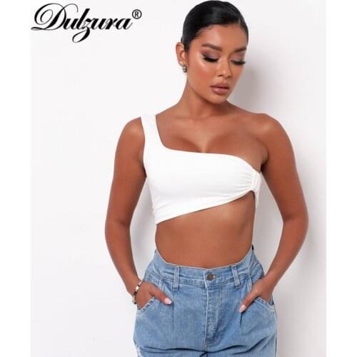 Dulzura 2021 Summer Women Solid Single Shoulder Tanks Crop Top Tie Bodycon Sexy Streetwear Party Club Clothes Cute