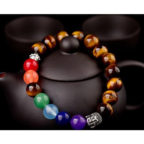 Ethnic Womens 7 Chakra Buddha Bracelet Femme 10MM Tiger Eye Stone Beads Meditation Bracelets&Bangles Men Jewelry AB223